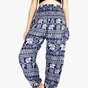 Womens blue white elephant yoga harem pants boho lightweight high waisted fit M
